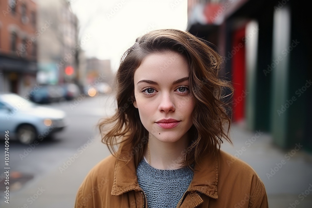 Portrait of a beautiful young woman with brown hair in the city Portrait of a beautiful young woman with brown hair in the city