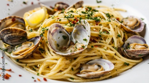 A mouthwatering plate of Italian spaghetti alle vongole, pasta with fresh clams, garlic