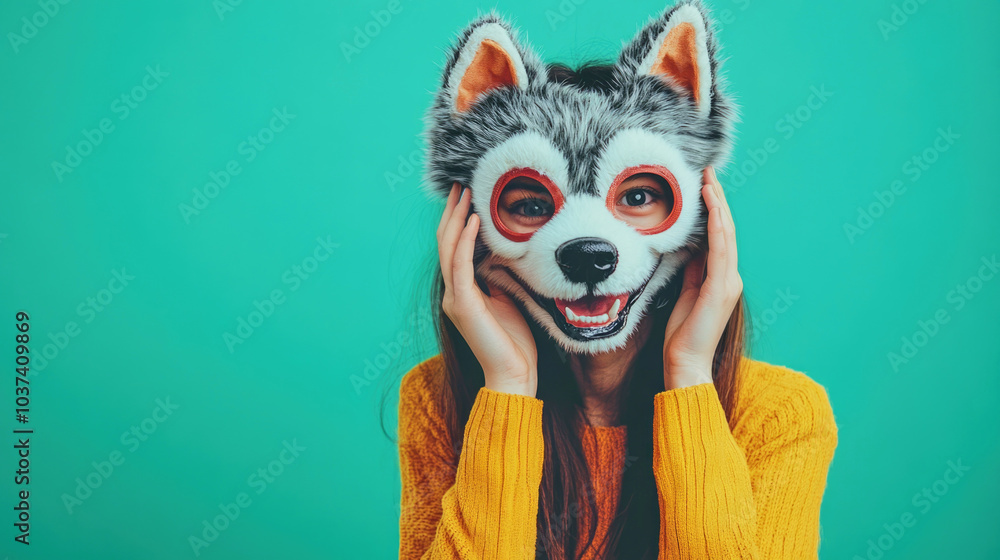 Teenage girl joyfully poses in a fluffy dog half mask against a bright green background with plenty of copy space Teenage girl joyfully poses in a fluffy dog half mask against a bright green background with plenty of copy space
