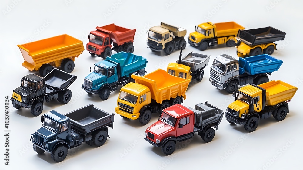 Toy construction vehicles, such as dump trucks and bulldozers, on a white background