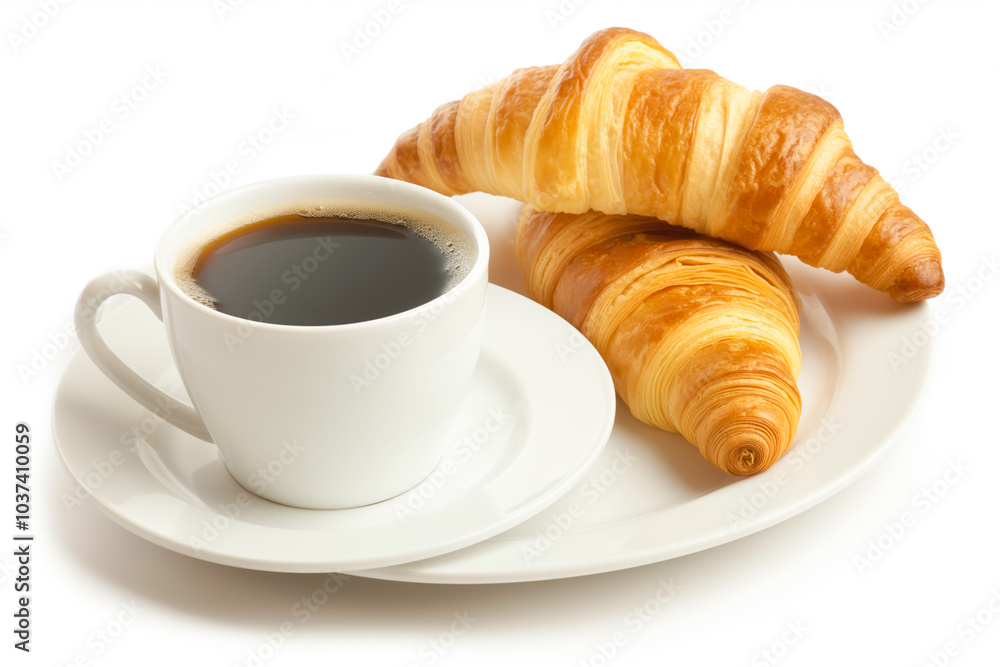 fresh pastries for breakfast. two golden croissants and a hot drink. a light composition. fresh pastries for breakfast. two golden croissants and a hot drink. a light composition.
