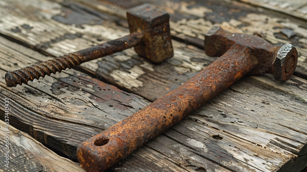 An old rusted nail and an antique hammer rest on a wooden workbench An old rusted nail and an antique hammer rest on a wooden workbench