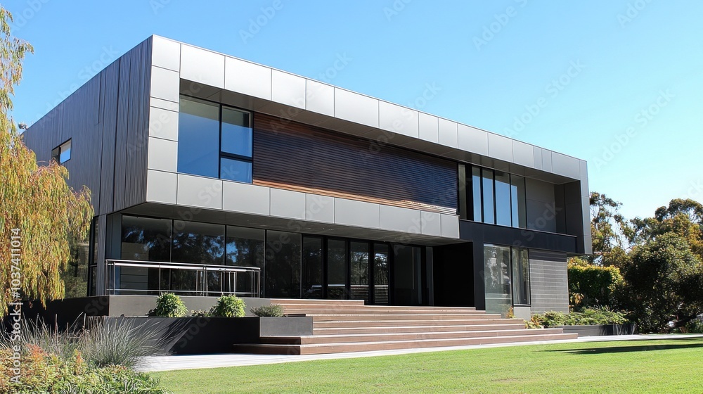 Modern architectural design featuring a sleek facade and landscaped surroundings. Modern architectural design featuring a sleek facade and landscaped surroundings.