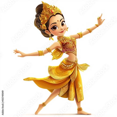 Cartoon Thai dancer in a golden chada costume, performing with grace and style photo