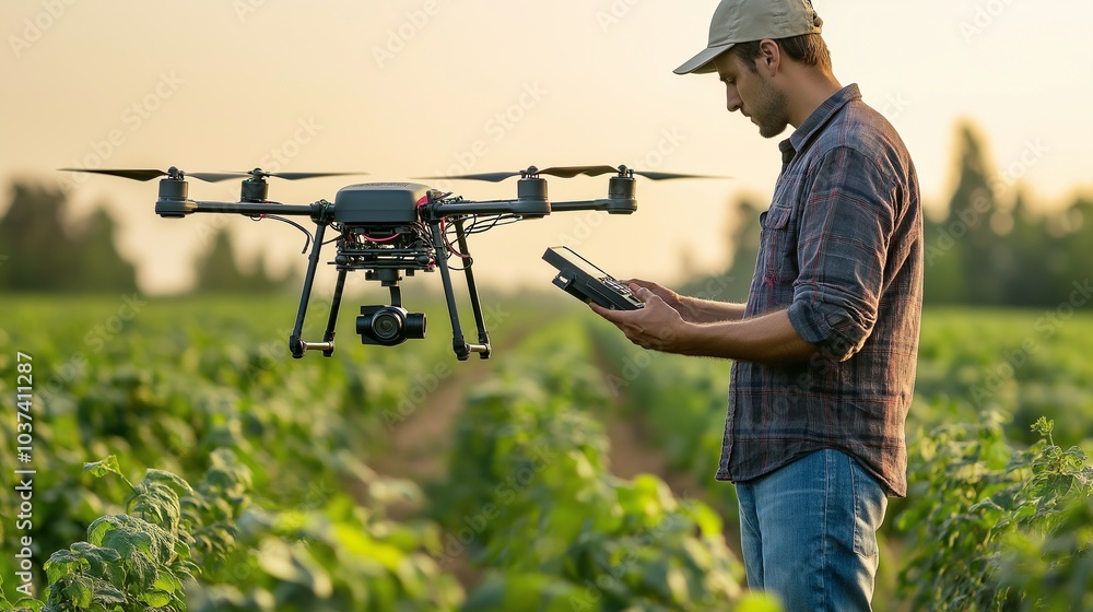 Fototapeta premium New technologies in old industries. Farmer controls drone