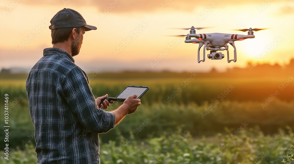 New technologies in old industries. Farmer controls drone New technologies in old industries. Farmer controls drone