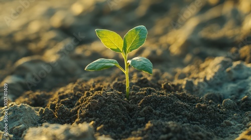 Sustainable beginnings. Close up of small green seedling growing in fertile soil representing concept of eco friendly business and environmental development