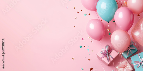 Photo of a pink background with birthday balloons and gifts on the sides, with space in the center for text. Web banner style.