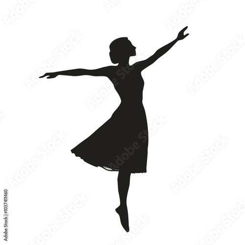 A graceful woman in mid-dance arms extended elegant movement captured against a stark white background