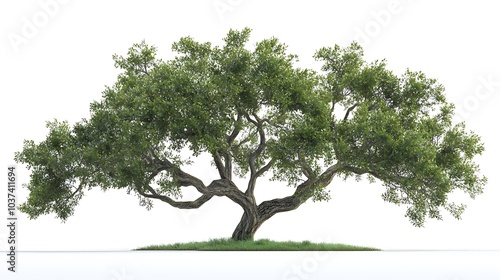 Large oak tree with sprawling branches and lush green leaves isolated on a white background