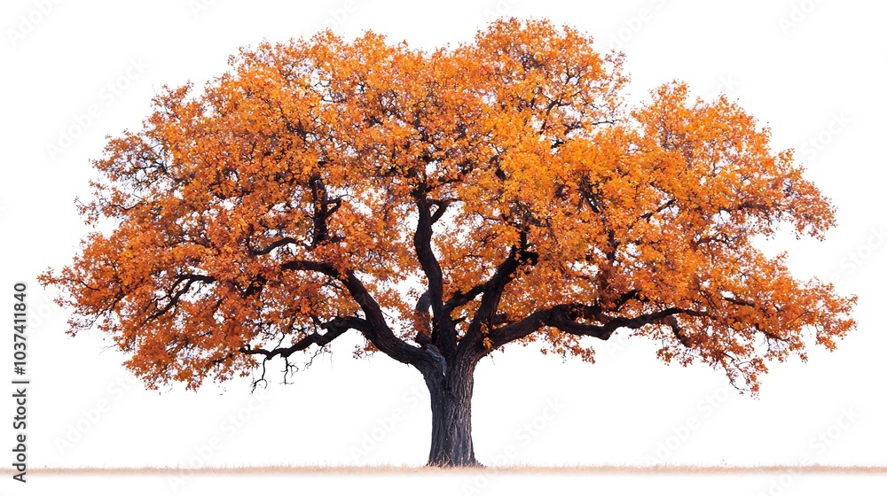 Oak tree in autumn with orange and brown leaves, isolated on a white background Oak tree in autumn with orange and brown leaves, isolated on a white background