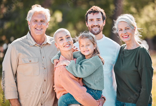 Portrait, outdoor and generations with family, smile and bonding together with adventure. Face, group and grandparents with mother, father and daughter with nature, travel and journey with happiness