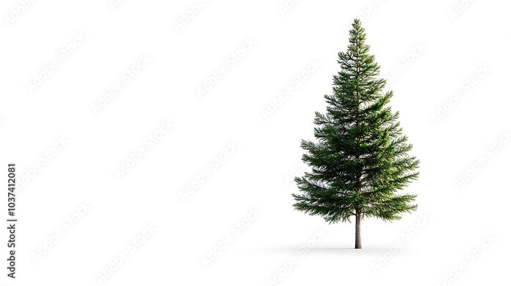 Tall cedar tree with dense foliage standing alone on a white background