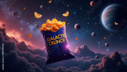 Generative, AI, A floating bag of ‘Galactic Crunch’ chips amidst a starry space backdrop with vibrant planets and floating chips.

