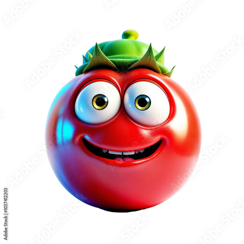 A smiling red tomato character wearing sunglasses and colorful sneakers, waving its arms in a friendly gesture
