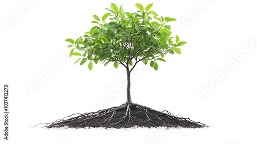 Young tree sprouting leaves, isolated on a white background with visible roots