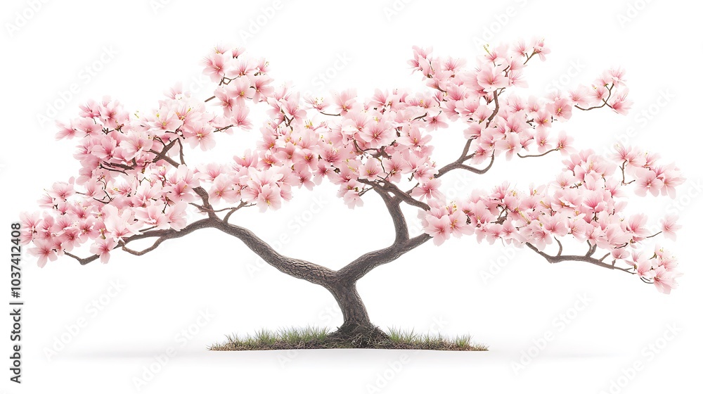 A flowering cherry blossom tree with delicate pink flowers set against a white background A flowering cherry blossom tree with delicate pink flowers set against a white background