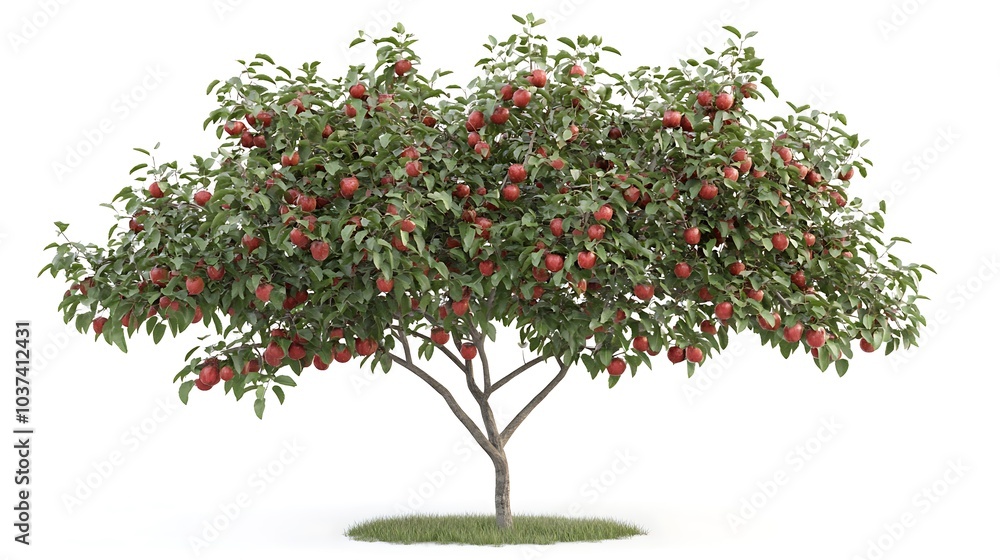 A fully grown apple tree with fruit hanging from its branches, set against a white background A fully grown apple tree with fruit hanging from its branches, set against a white background