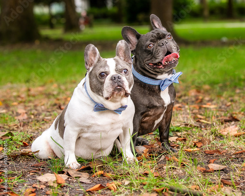 Two French bulldogs posing in park