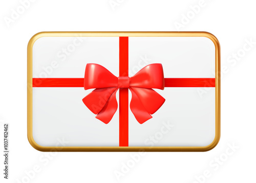3d white gift card with golden frame and red bow. Gift certificate for promotion of goods for holidays, birthdays and discount coupon concept. Stock vector illustration on isolated background.	