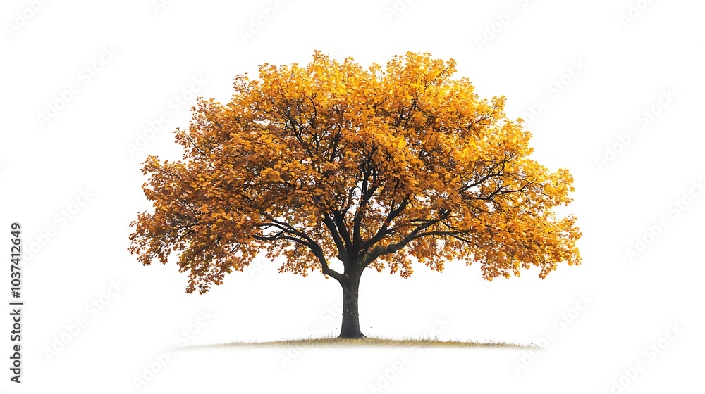 Autumn tree with golden yellow and orange leaves, standing against a white background Autumn tree with golden yellow and orange leaves, standing against a white background
