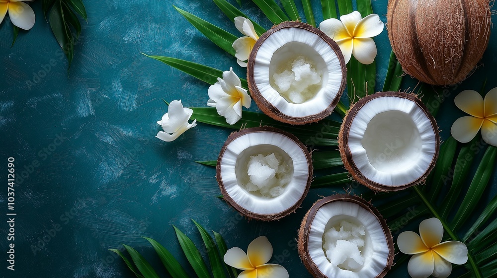 Organic coconut shells with smooth coconut oil, surrounded by tropical flowers Organic coconut shells with smooth coconut oil, surrounded by tropical flowers