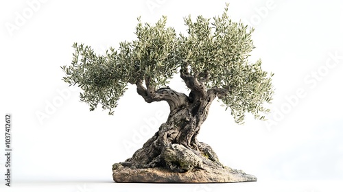 An olive tree with a short trunk and gnarled branches on a white background