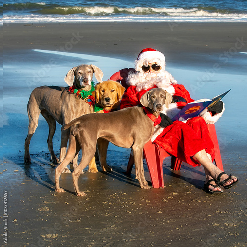 Photography three dogs Visiting with Santa on the beach