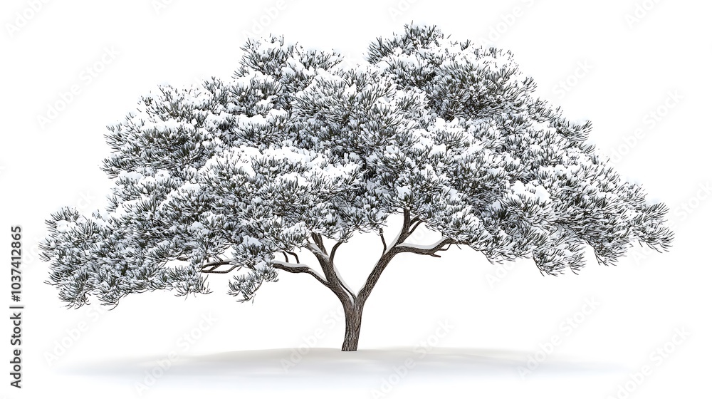 Fototapeta premium Conifer tree with thick, snow-covered branches on a white background