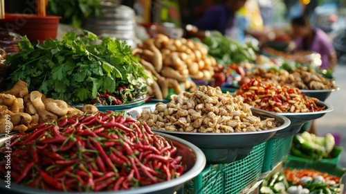Vibrant Fresh Vegetables and Spices at Market Stall
