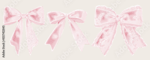 A set of three stylized, dotted bow illustrations in  pink, perfect for vintage or retro design elements.