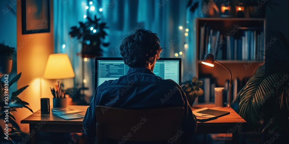 Fototapeta premium Minimalistic and bright image of a student sitting at a desk, studying late at night with warm ambient lighting