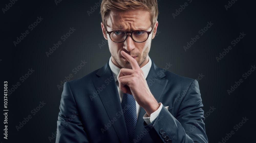 A professional man in a suit and glasses, holding a finger to his lips, symbolizing silence and contemplation against a dark background. A professional man in a suit and glasses, holding a finger to his lips, symbolizing silence and contemplation against a dark background.