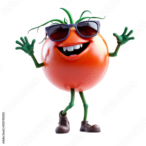 A smiling red tomato character wearing sunglasses and colorful sneakers, waving its arms in a friendly gesture