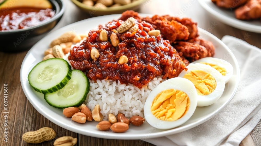 A mouthwatering plate of Malaysian nasi lemak, fragrant coconut rice served with spicy sambal, fried chicken A mouthwatering plate of Malaysian nasi lemak, fragrant coconut rice served with spicy sambal, fried chicken