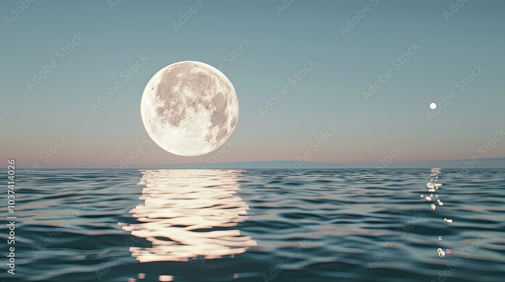 Fototapeta premium Large Glowing Supermoon Rising Over Calm Ocean Horizon with Soft Light Reflection and Scattered Stars, Creating a Serene Atmosphere