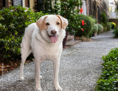 labrador mix dog standing in front of row houses photo