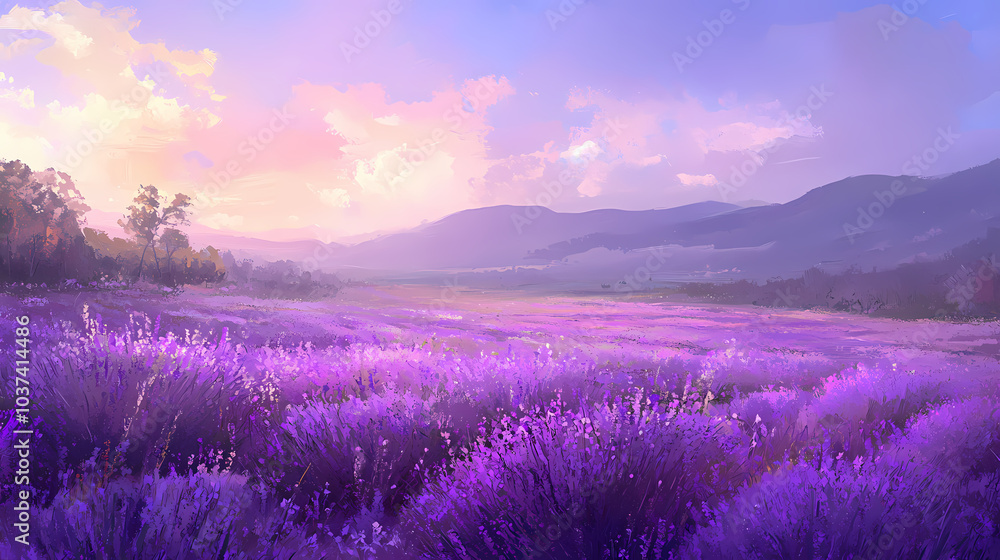 Purple lavender fields stretch endlessly whispers of autumn in the air. Whispering Meadow. Illustration Purple lavender fields stretch endlessly whispers of autumn in the air. Whispering Meadow. Illustration