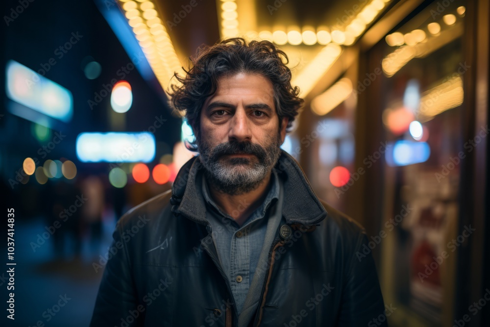Portrait of a bearded man in the street at night in New York City Portrait of a bearded man in the street at night in New York City