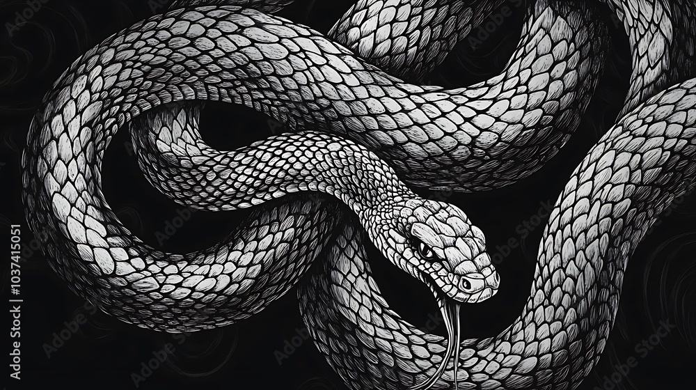 Black and White Detailed Snake Illustration Black and White Detailed Snake Illustration