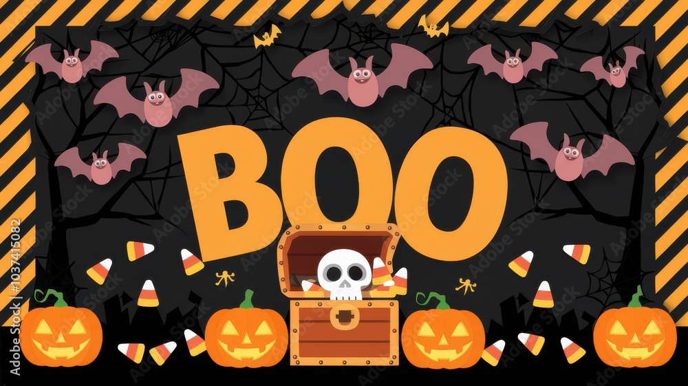 Spooky Halloween graphic featuring bats, pumpkins, candy, and a treasure chest. Perfect for festive decorations and party themes. Spooky Halloween graphic featuring bats, pumpkins, candy, and a treasure chest. Perfect for festive decorations and party themes.