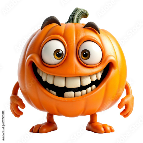 Cute cartoon pumpkin character with large expressive eyes and a wide, toothy grin isolated white background