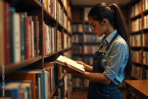 Young Woman Reading in a Cozy Library