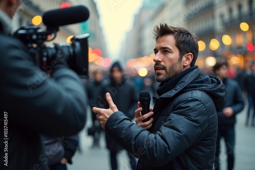 Journalist Reporting Live in a Bustling City
