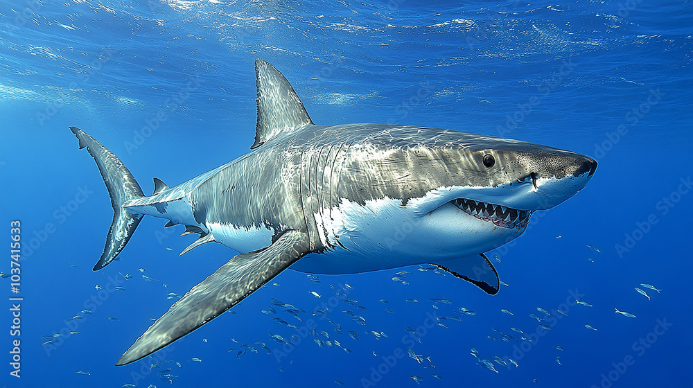 Fototapeta premium A large white shark is in the ocean, with other fish visible.