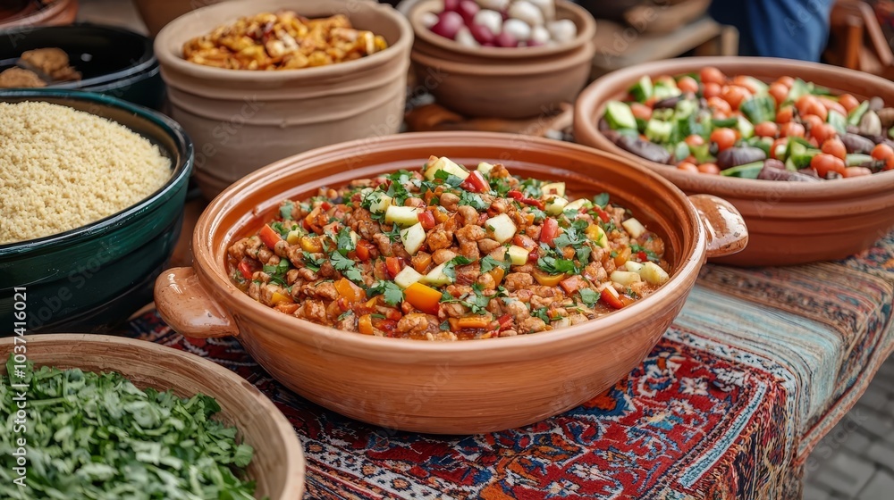 Fototapeta premium Moroccan food stall selling fresh tagine and couscous in a lively souk, surrounded by traditional rugs and local crafts, Morocco street food, exotic cultural immersion