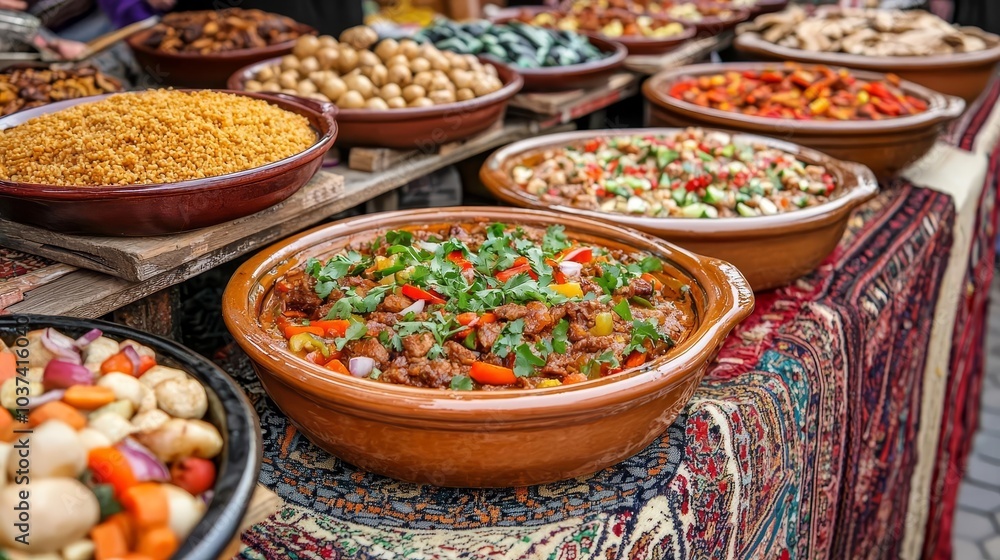 Fototapeta premium Moroccan food stall selling fresh tagine and couscous in a lively souk, surrounded by traditional rugs and local crafts, Morocco street food, exotic cultural immersion