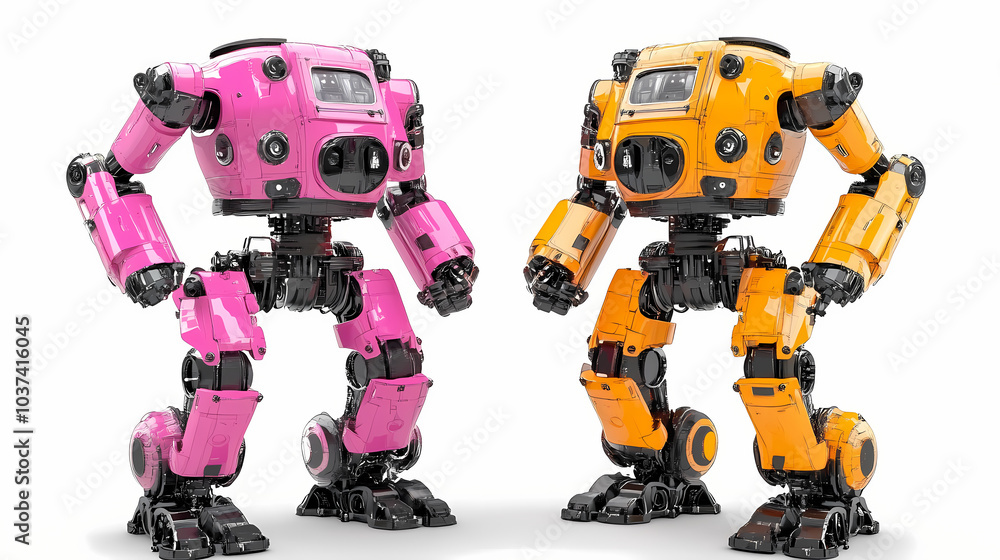 Pink and orange robot stands on white background. Mecha Robots. Illustration Pink and orange robot stands on white background. Mecha Robots. Illustration