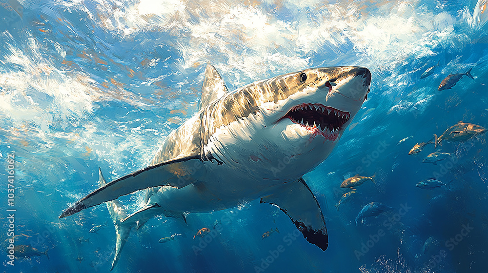 custom made wallpaper toronto digitalA large white shark is in the ocean, with other fish visible.