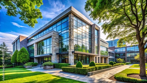 Vintage Style Modern Office Building with Stonework and Tree Under Blue Sky - Business Restaurant Architecture